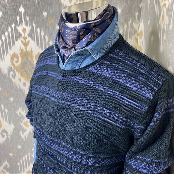 Polo Ralph Lauren Indigo & Black Linen Blend Knit FairIsle Pullover Sweater - Picture 1 of 16